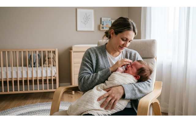 A mother gently comforts and holds her crying newborn baby while sitting in a nursery chair.