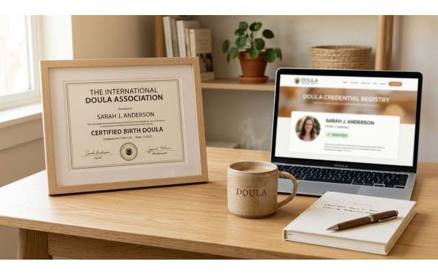 A professional desk workspace featuring a birth doula certificate, a laptop with verification, and a coffee mug.