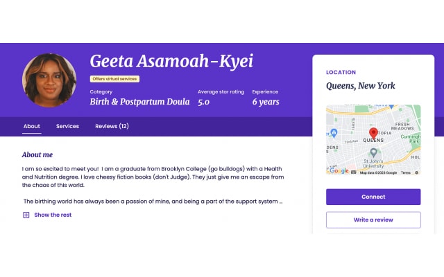 An example provider profile on Bornbir. Bornbir connects parents with doulas, lactation consultants across pregnancy and postpartum.
