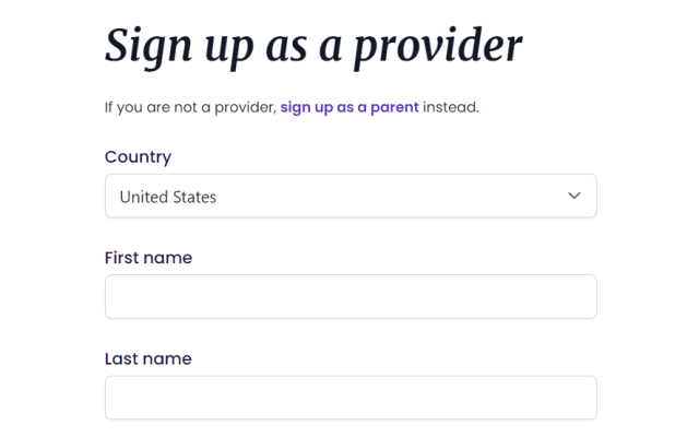 Provider Sign up Page on Bornbir