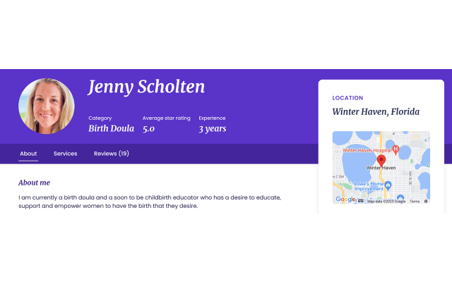 Example profile made by Jenny Scholten, Birth Doula from Winter Haven, Florida