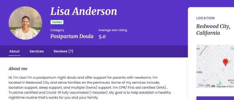 Profile Created by Lisa Anderson Postpartum Doula from Redwood City, California