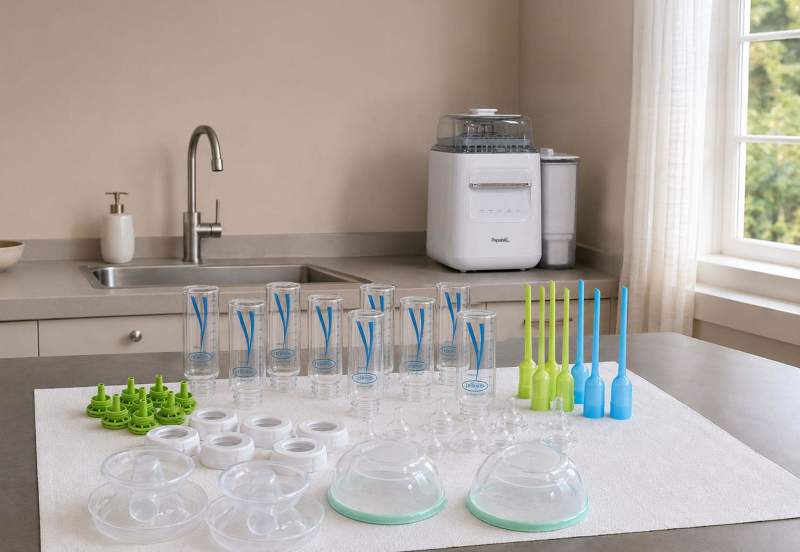 Clean baby bottles and pump parts washed by Papablic P8Plus baby bottle washer system