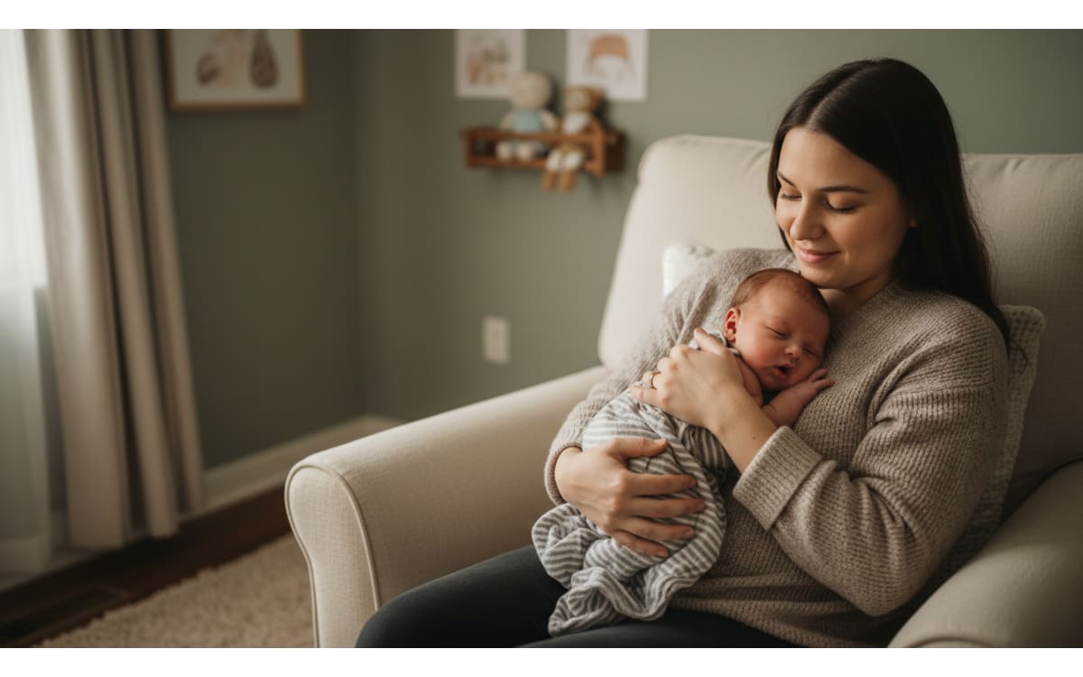 Mother holding her sleeping newborn in a nursery chair