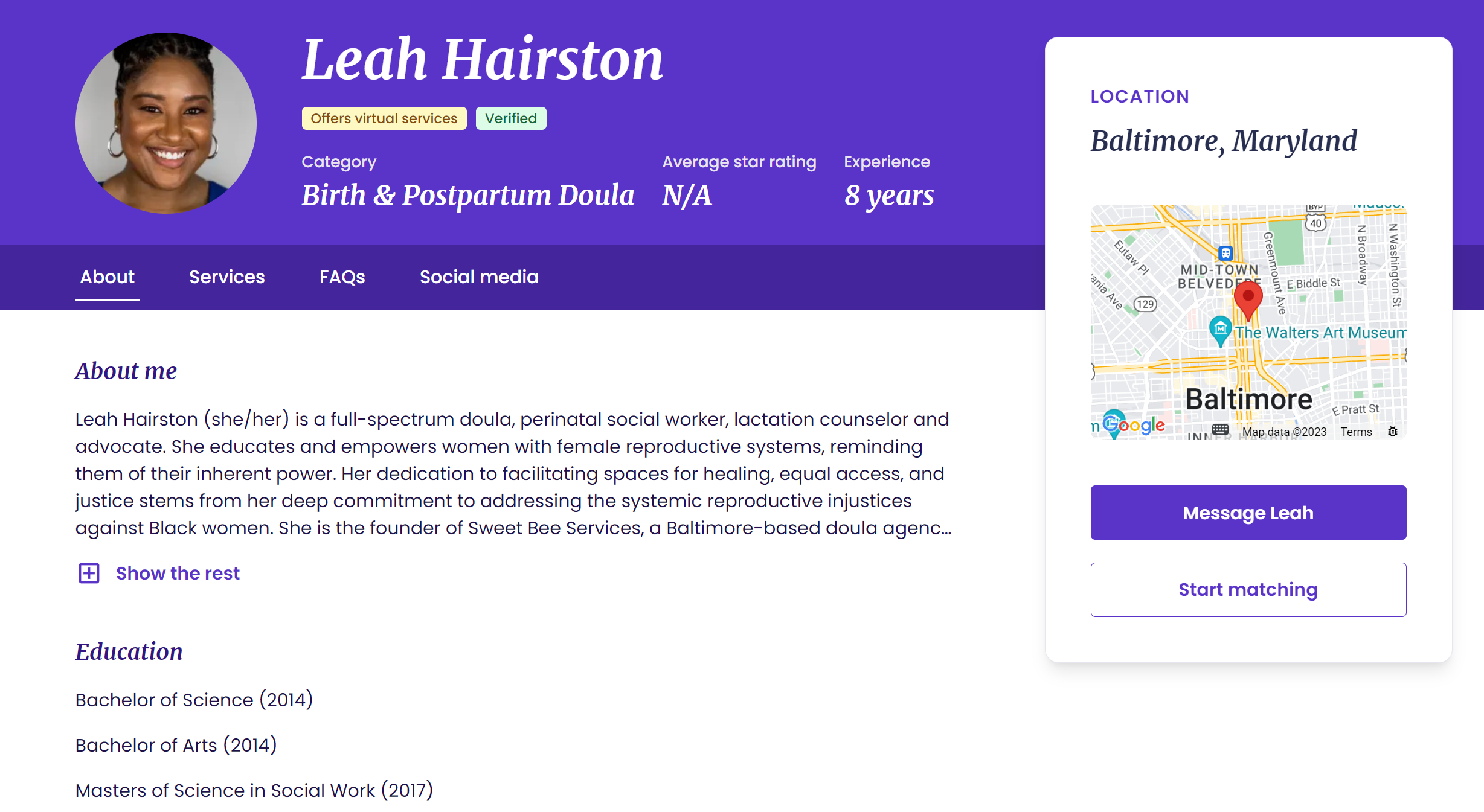 Bornbir profile made by Leah Hairston, Birth & Postpartum Doula from Baltimore, Maryland