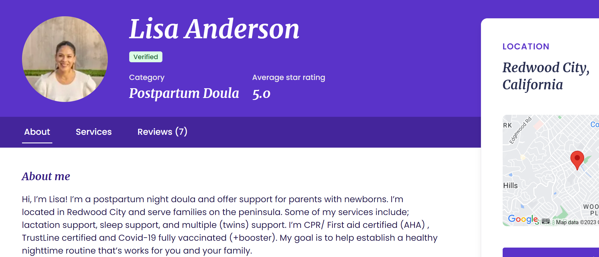 Profile Created by Lisa Anderson Postpartum Doula from Redwood City, California