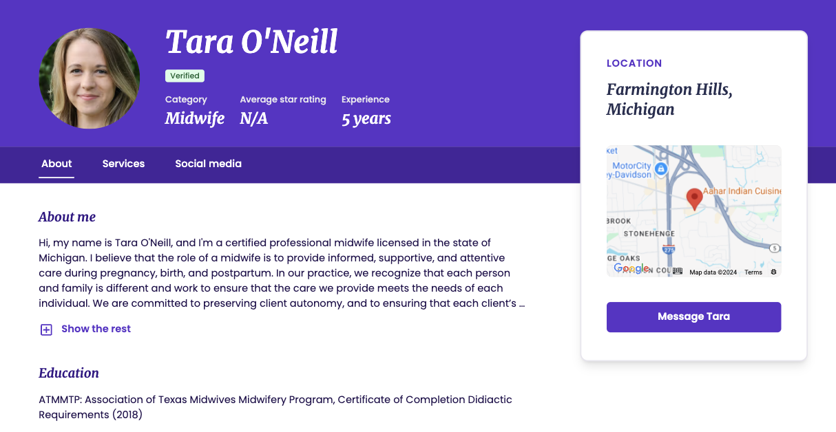Profile of Tara O'Neill, Midwife from Michigan