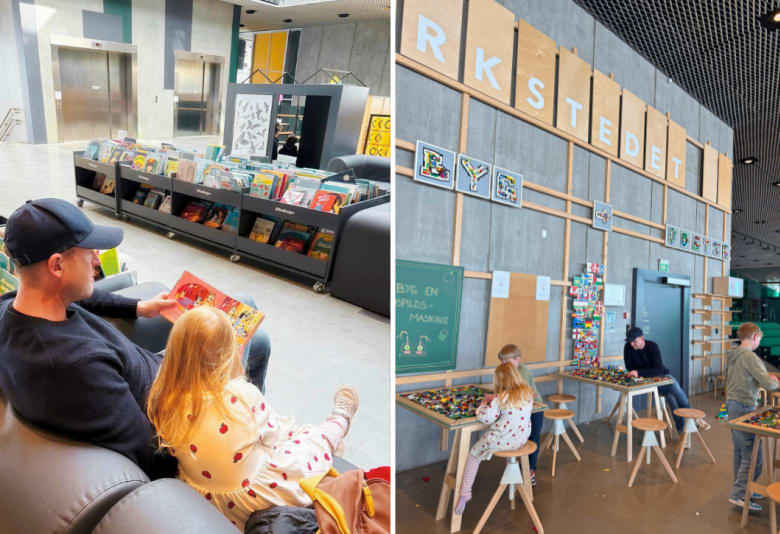 Emilies familie finder ro på biblioteket, her på Dokk1 i Aarhus. Fotograf: Emilie Meldgaard Jacobsen 