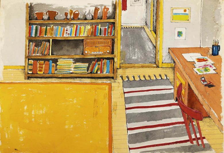 Cirkeline i sin tændstikæske på tegnerens bord. Illustration: Hanne Hastrup&nbsp;