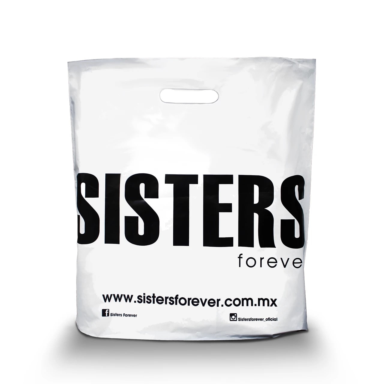 Bolsa blanca impresa a 1 tinta en plástico con asa troquelada para las boutiques: Sisters Forever.