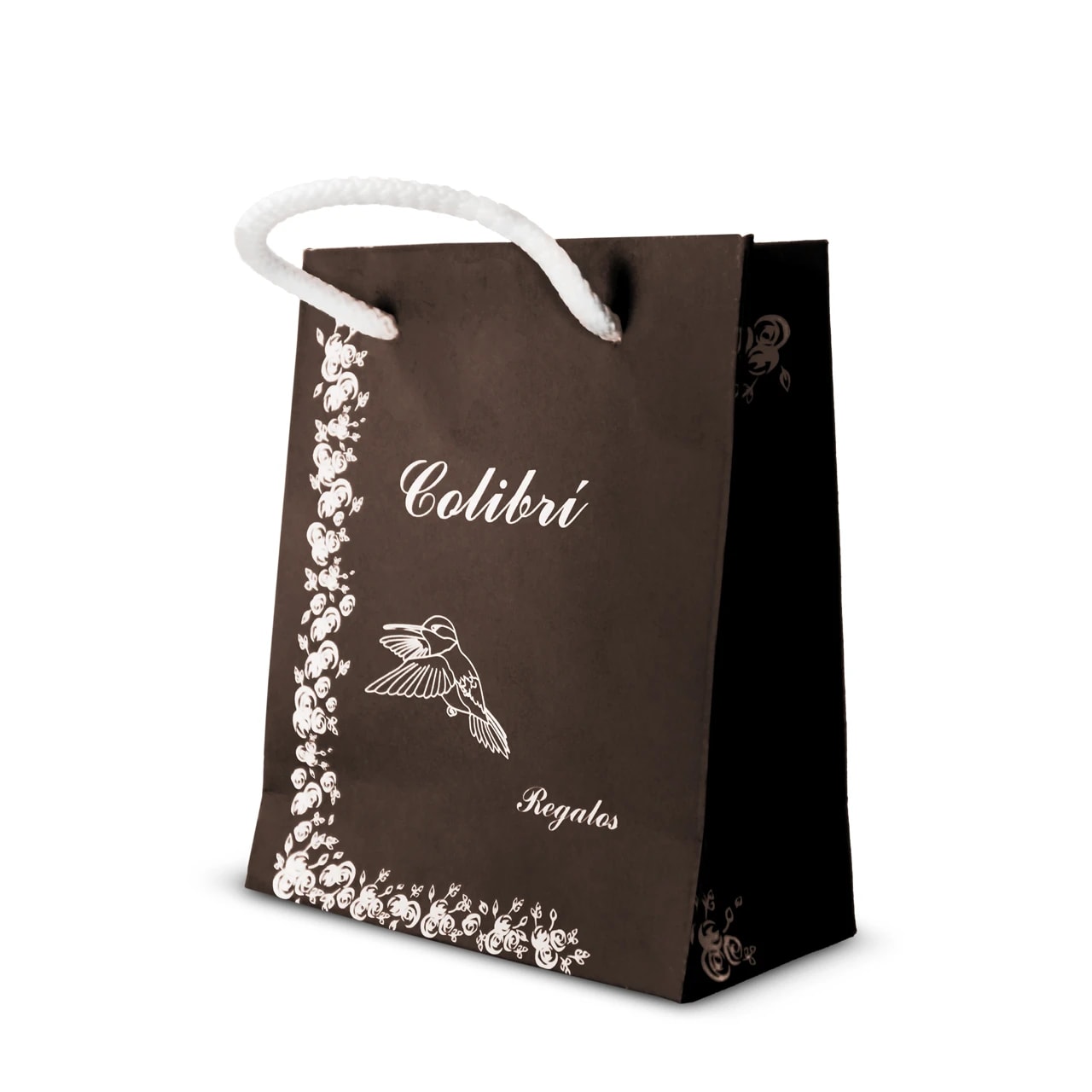 Bolsa color café para regalo con asa de cordón personalizada con logotipo y diseño a 1 tinta.