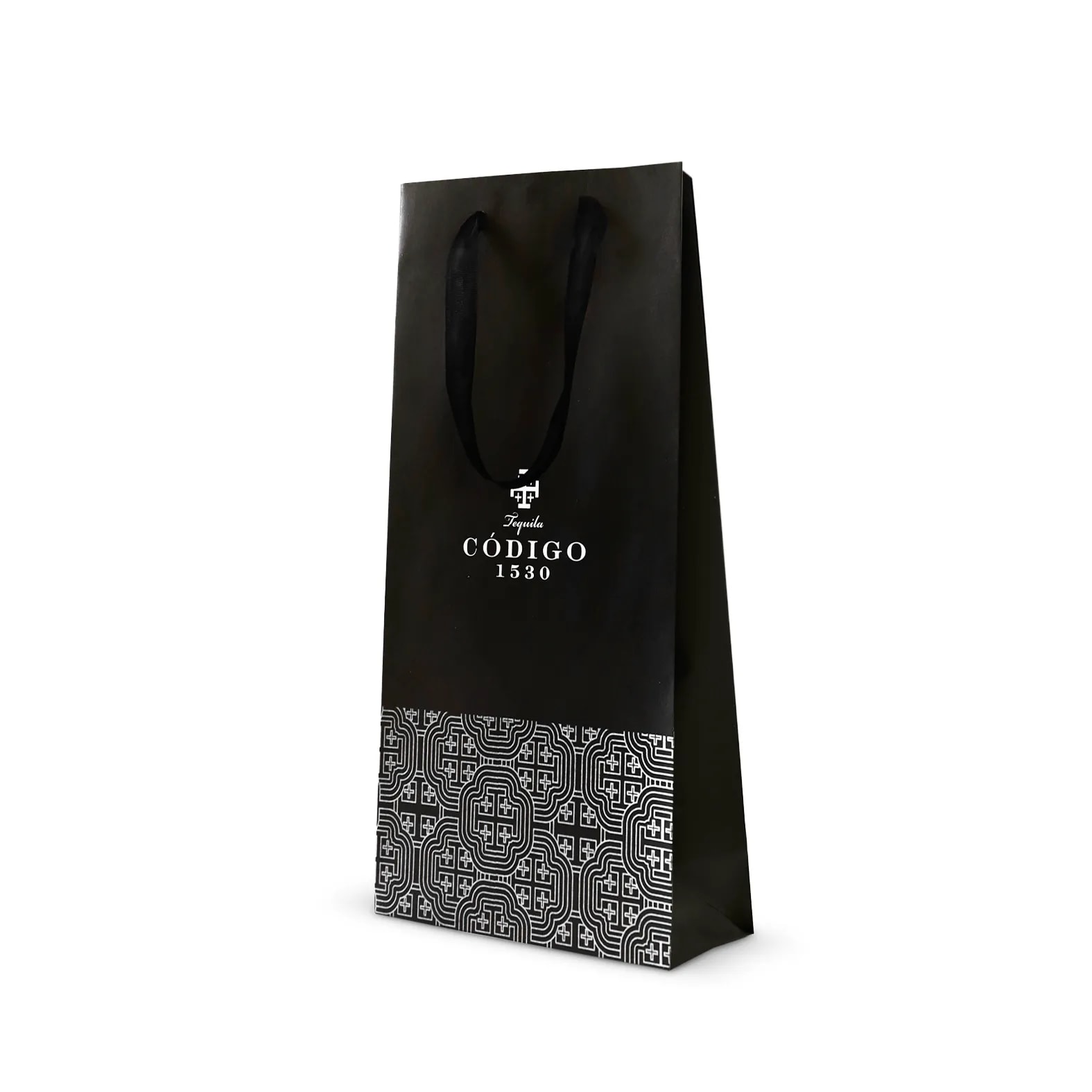 Bolsa color negro con asa listón para botellas de tequila de la marca: Código 1530