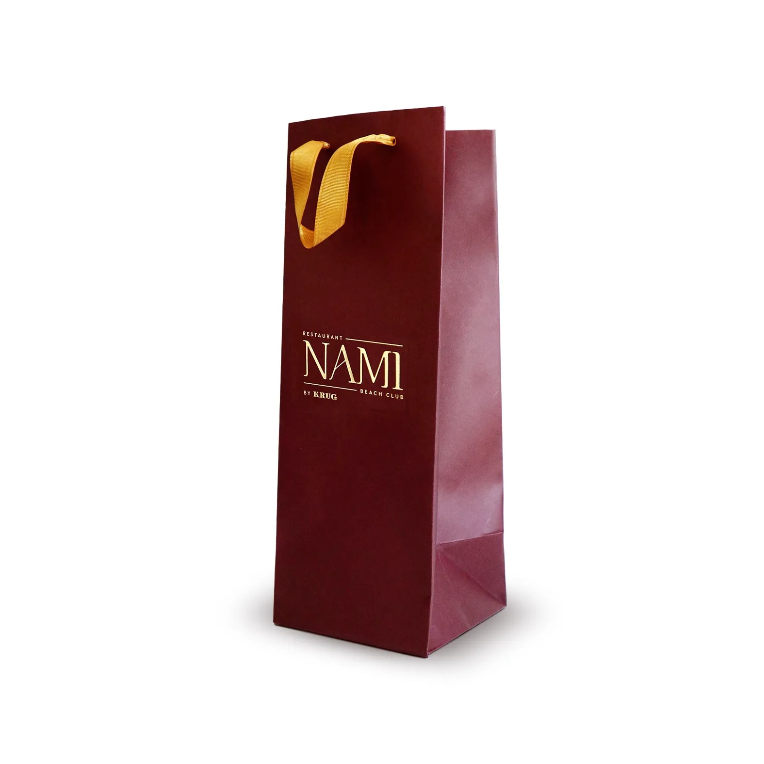 Bolsa para botellas de vino de color tinto con asa de listón dorada: Nami.