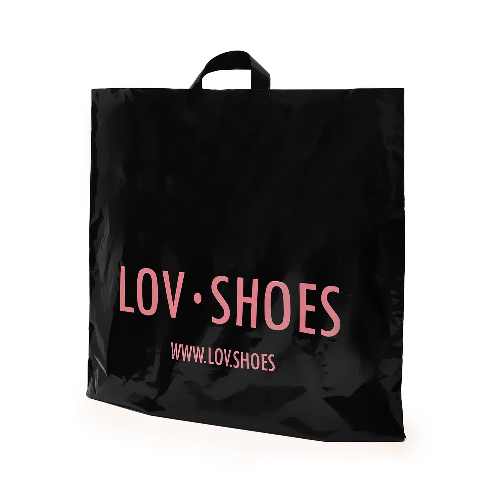 Bolsa grande de color negro impresa con el logo de zapatos: Lov Shoes.