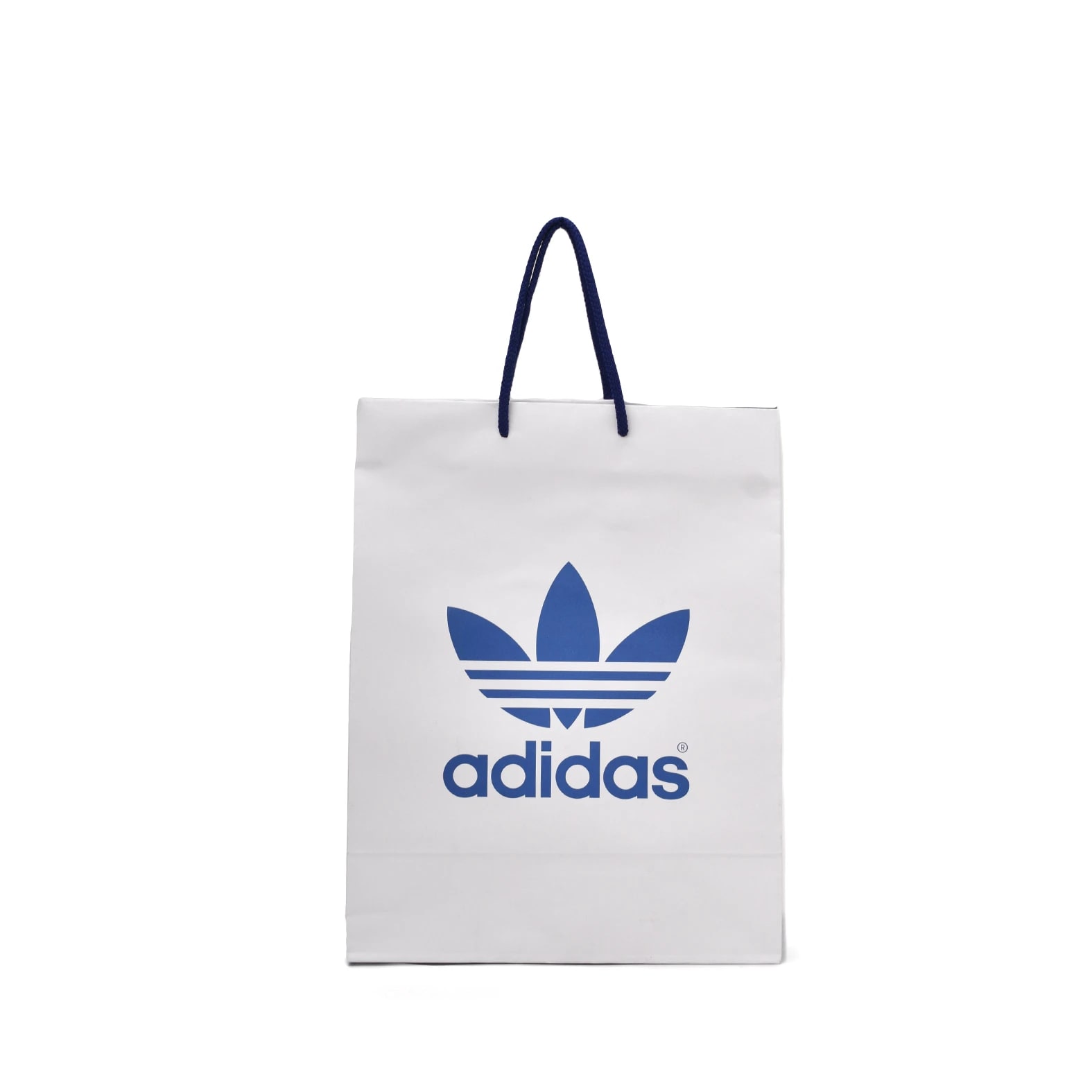 Bolsa de papel Bond blanca impresa a una tinta azul con logotipo de: Adidas.