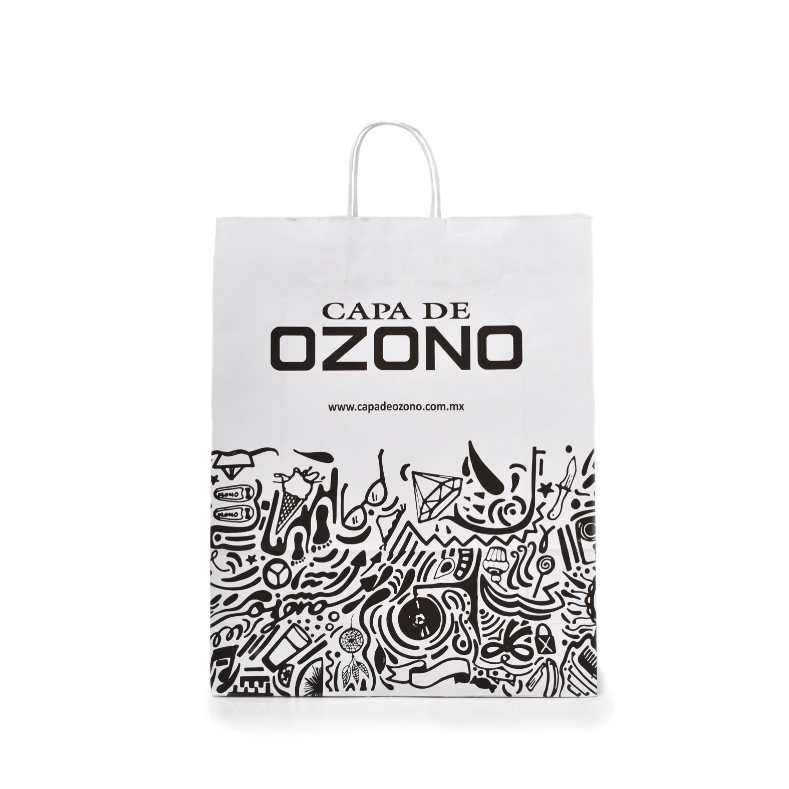 Bolsa de papel bond impresa a una tinta con logotipo y diseño: Capa de Ozono.