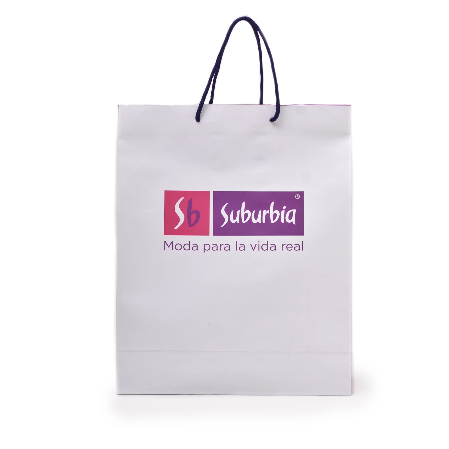 Bolsa impresa para tiendas Suburbia fabricada en papel Bond.