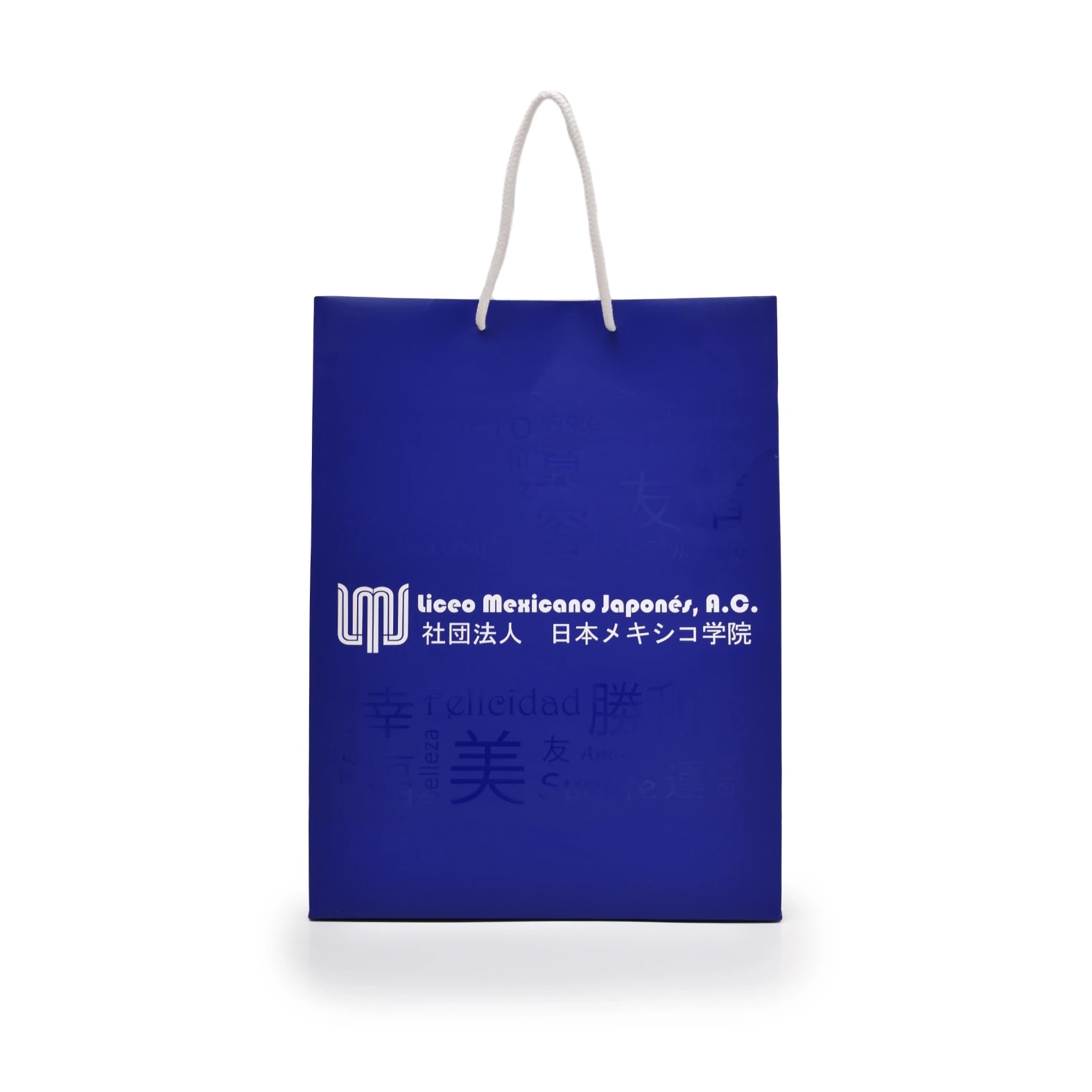 Bolsa color azul de papel tipo Bristol con logotipo de: Liceo Mexicano Japonés.