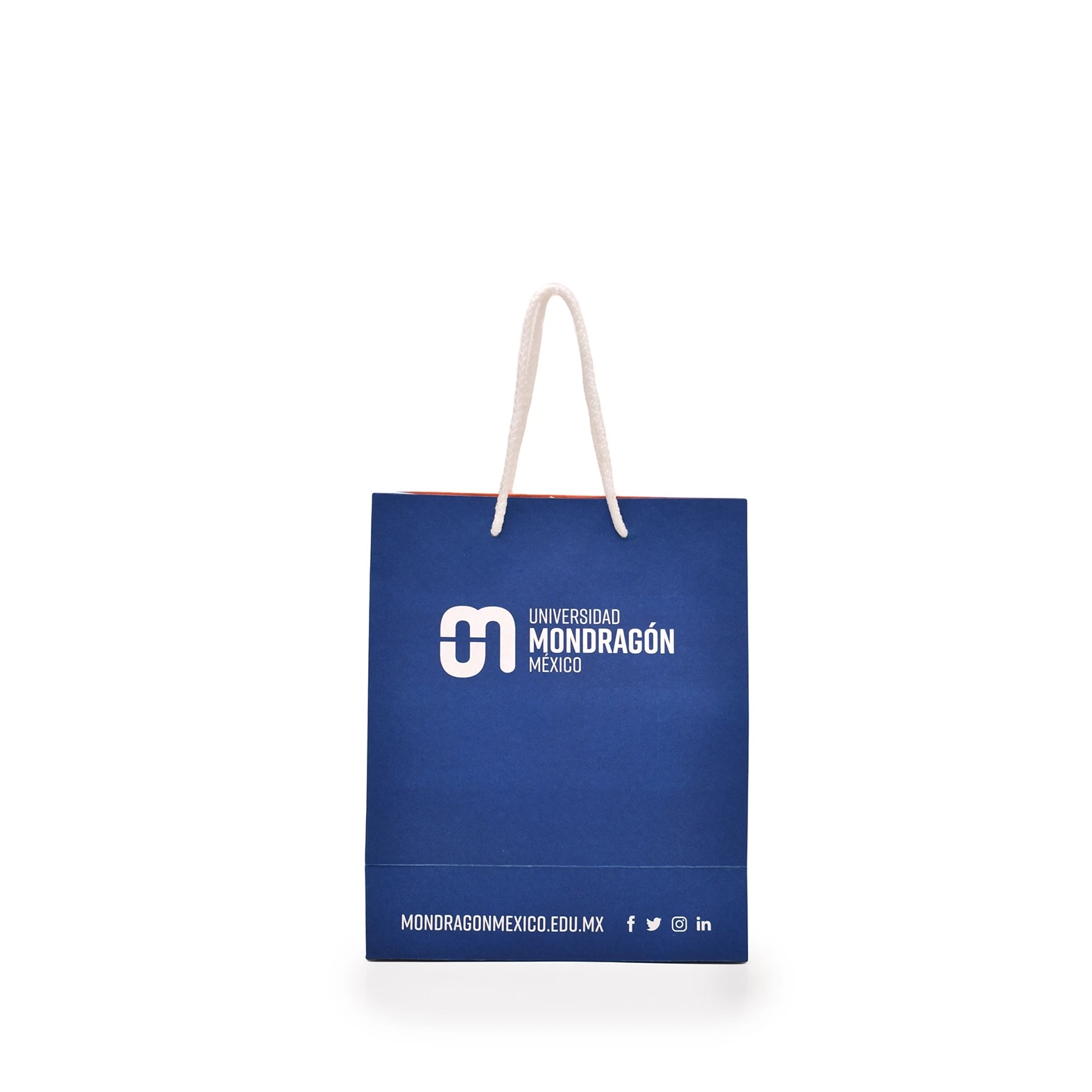 Bolsa de papel tipo Bristol impresa en color azul para: Universidad Mondragón.
