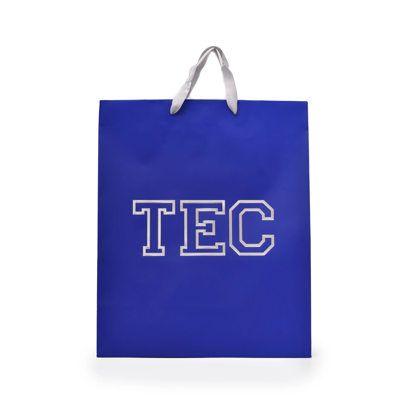 Bolsa de papel Couché en color azul con asa de listón impresa con logo: TEC.
