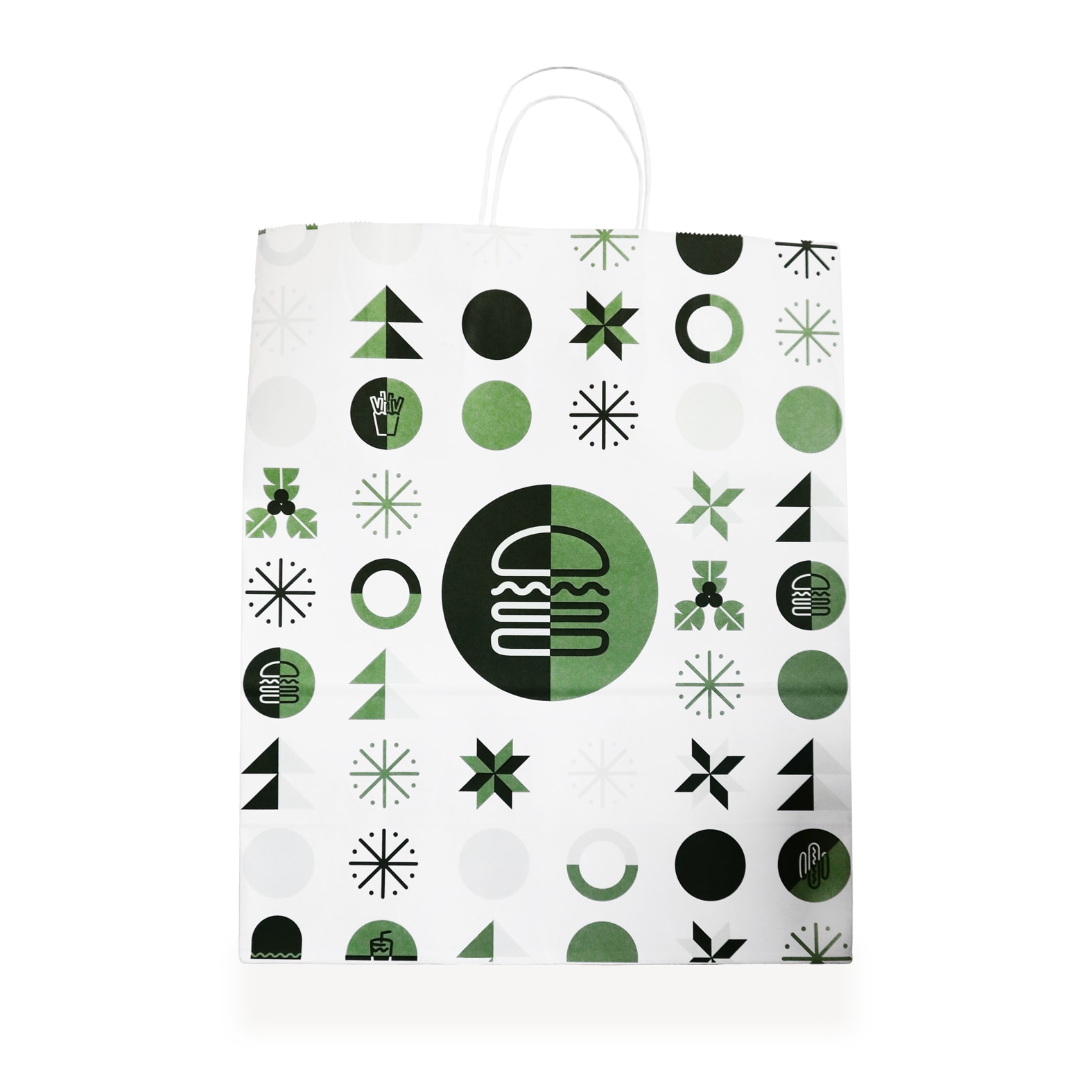Bolsa de papel tipo Couché impresa con diseño en tonos color verde.