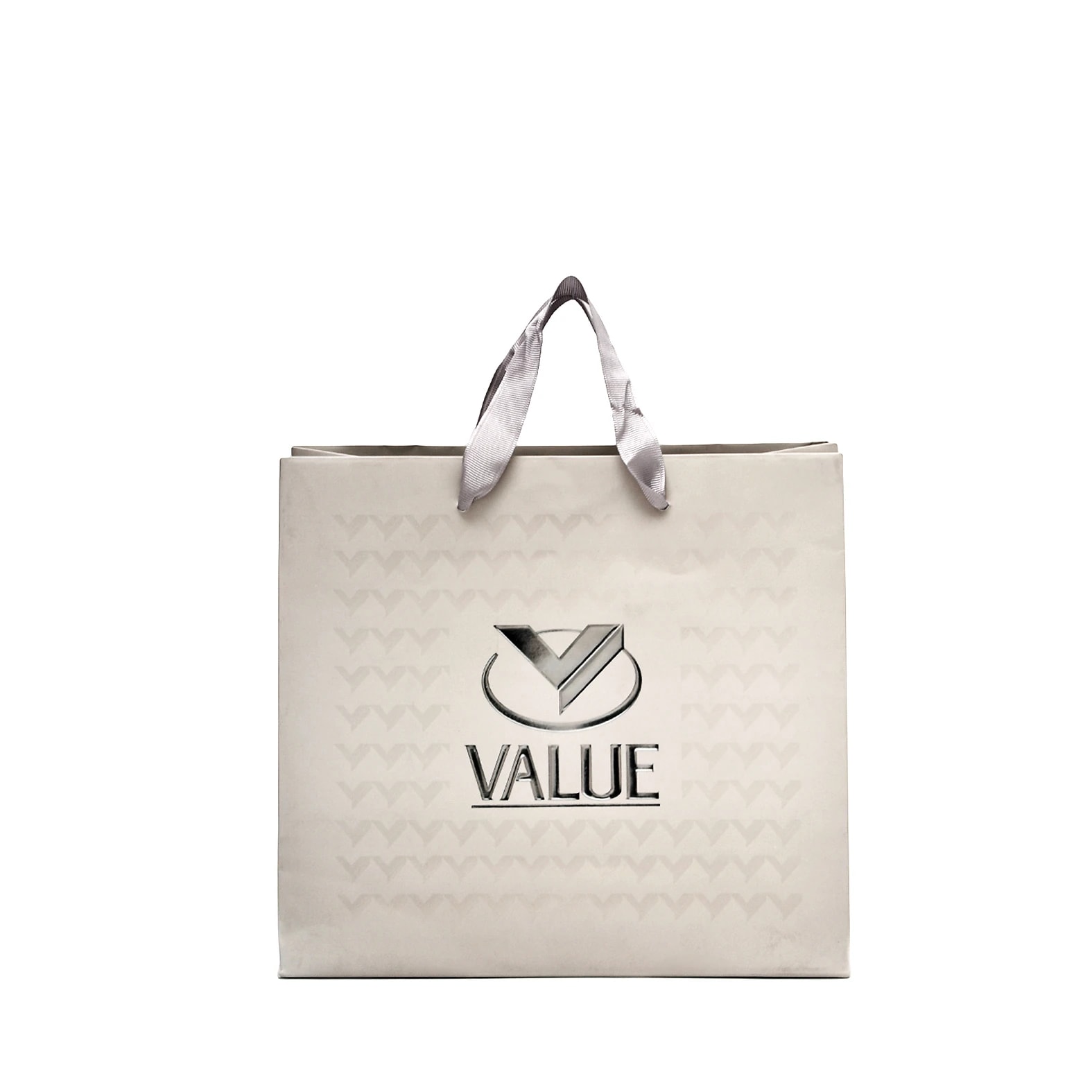 Bolsa de papel Couché con asa de listón impresa con el logo de la marca: Value.