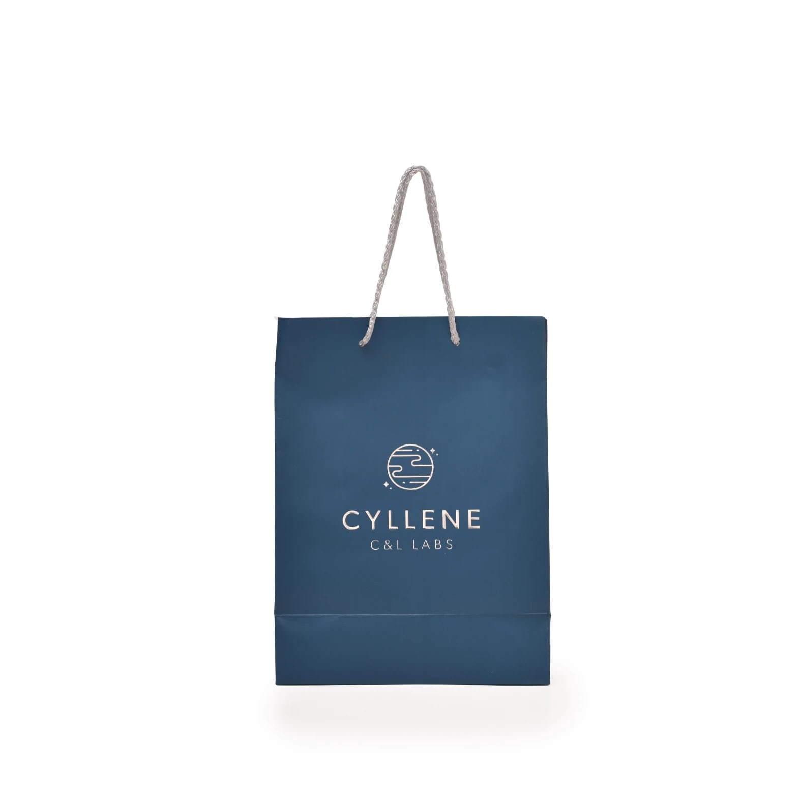 Bolsa de papel tipo Couché con asa cordón impresa con logotipo de: C&L Labs.