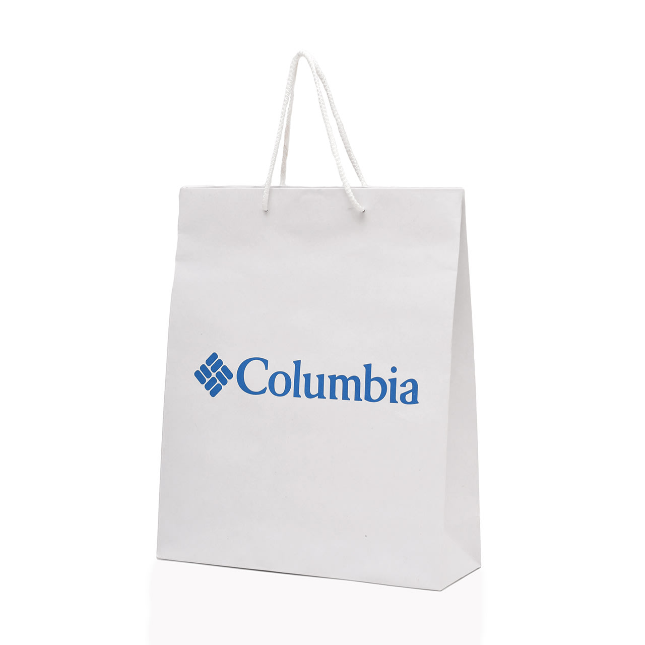 Bolsa de papel tipo Kraft blanco impresa con logotipo de la empresa: Columbia.