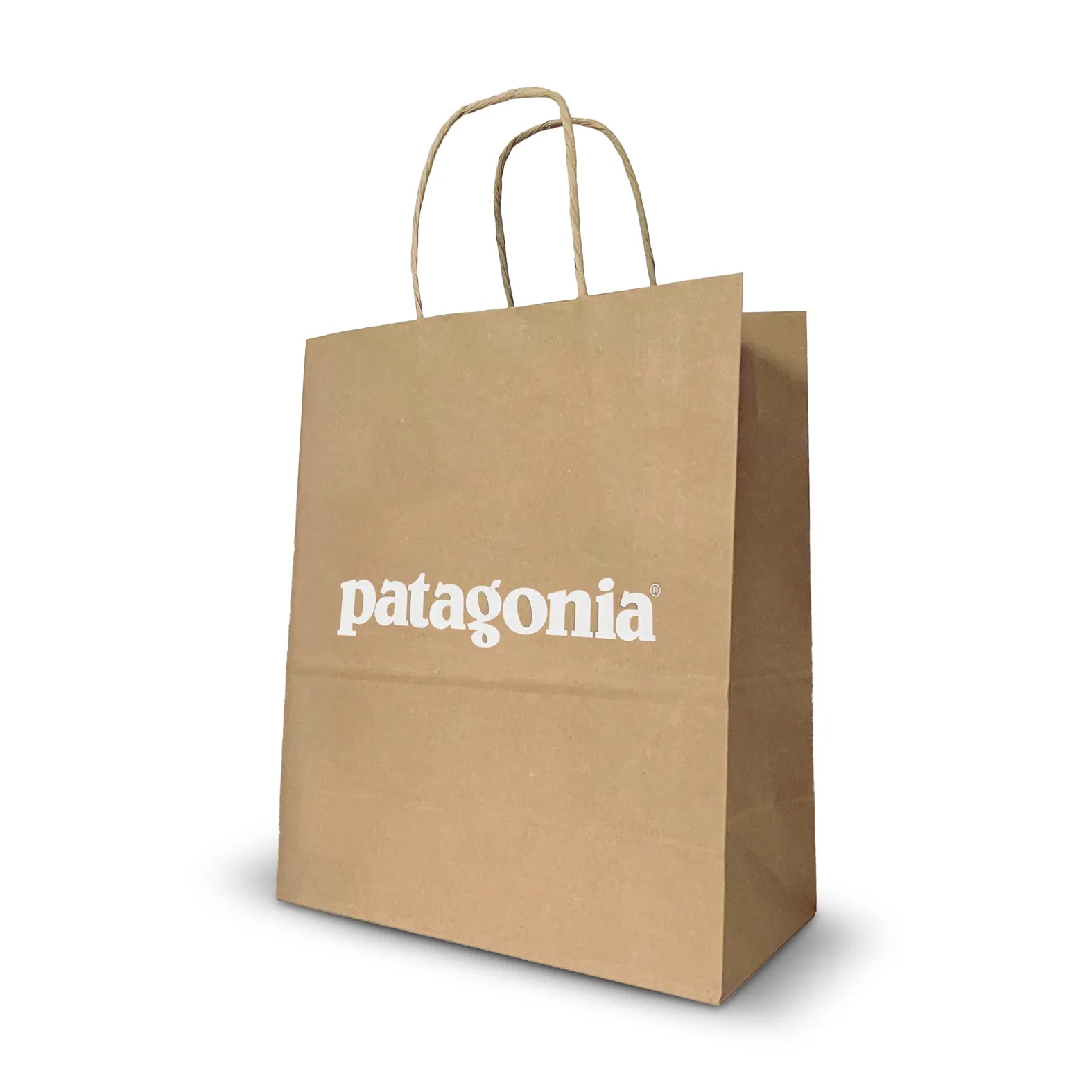 Bolsa de papel tipo Kraft personalizada con logotipo impreso en color blanco.