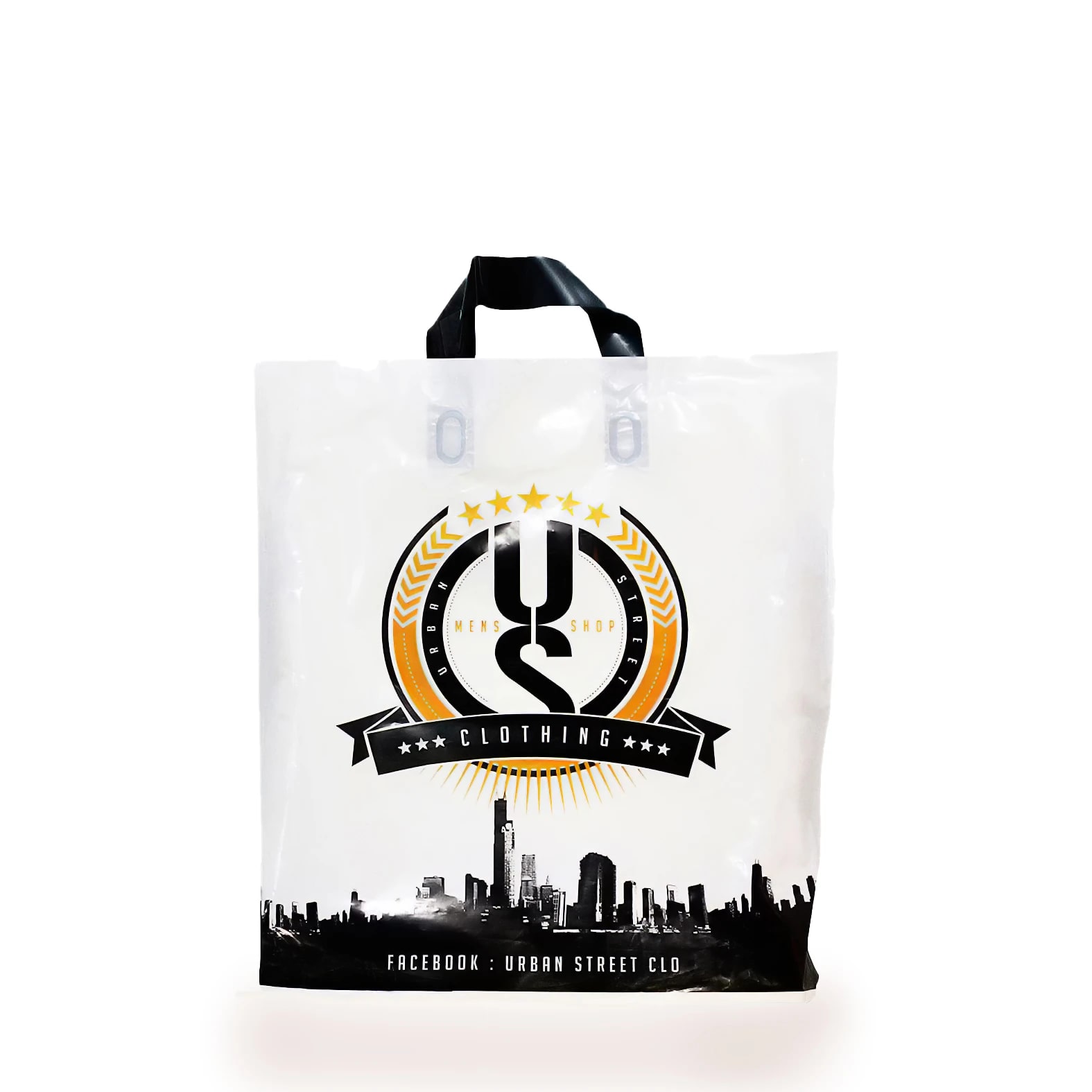 Bolsa plástica blanca con asas flexibles personalizada para la marca: Urban Street