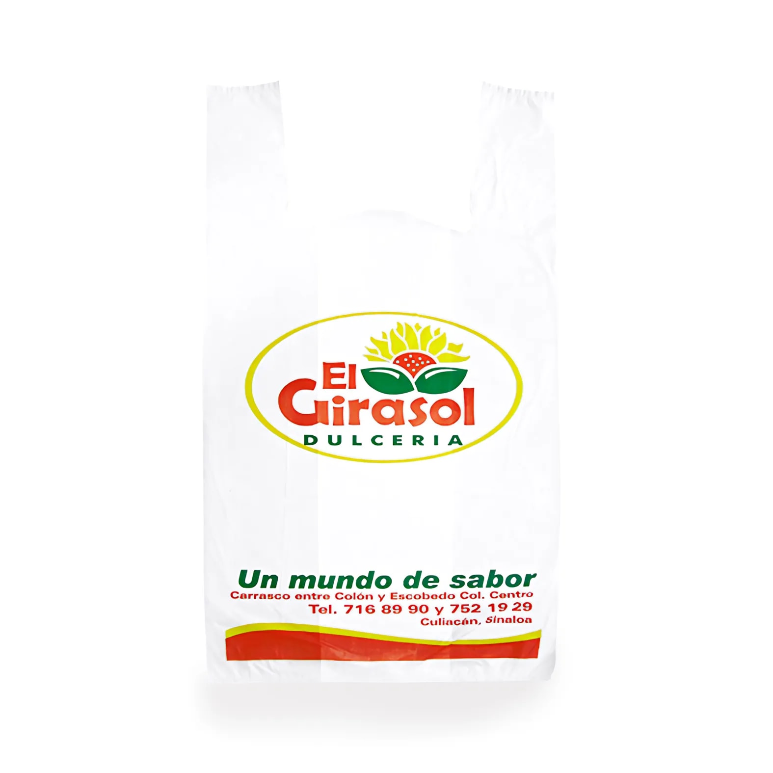 Bolsa tipo camiseta impresa a color con logotipo de: El Girasol Dulcería.