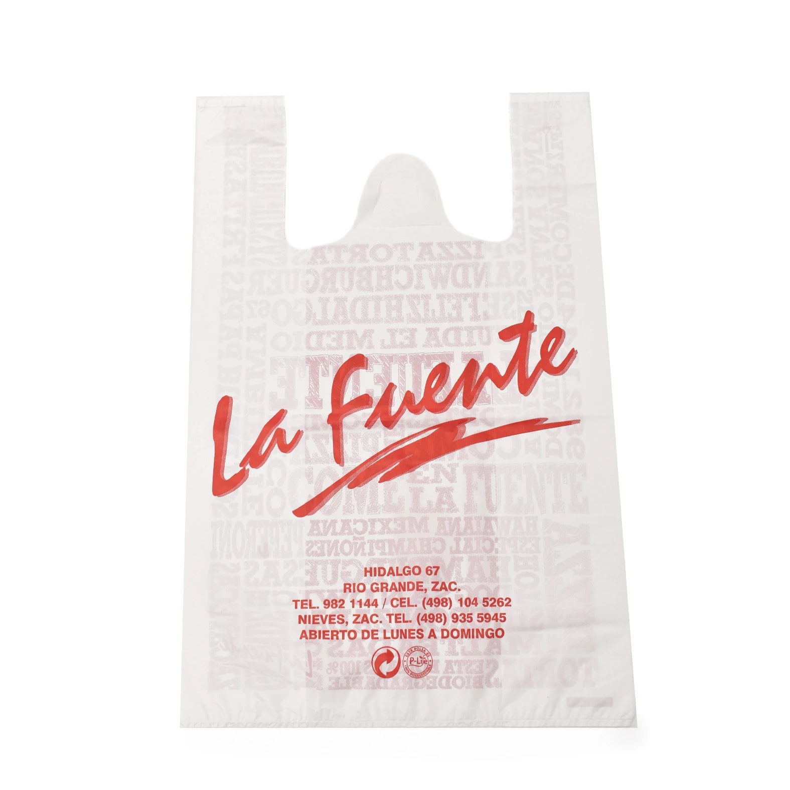 Bolsa camiseta blanca impresa con logo a una tinta roja para el restaurante: La Fuente.