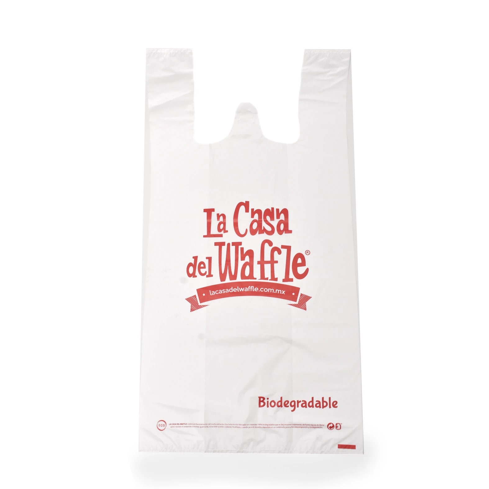 Bolsa de asa tipo camiseta color blanco impresa con logotipo de: La Casa del Waffle.
