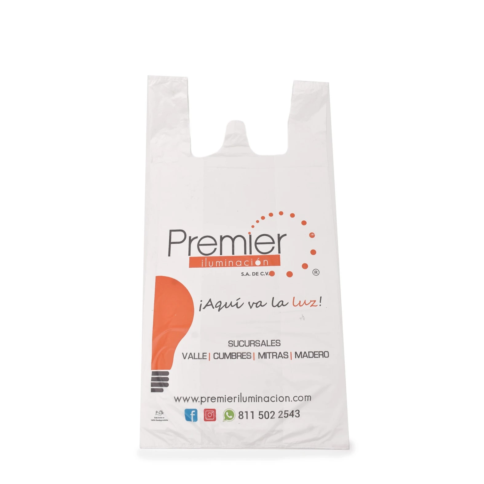 Bolsa de asa tipo camiseta impresa a color para la empresa: Premier Iluminación.