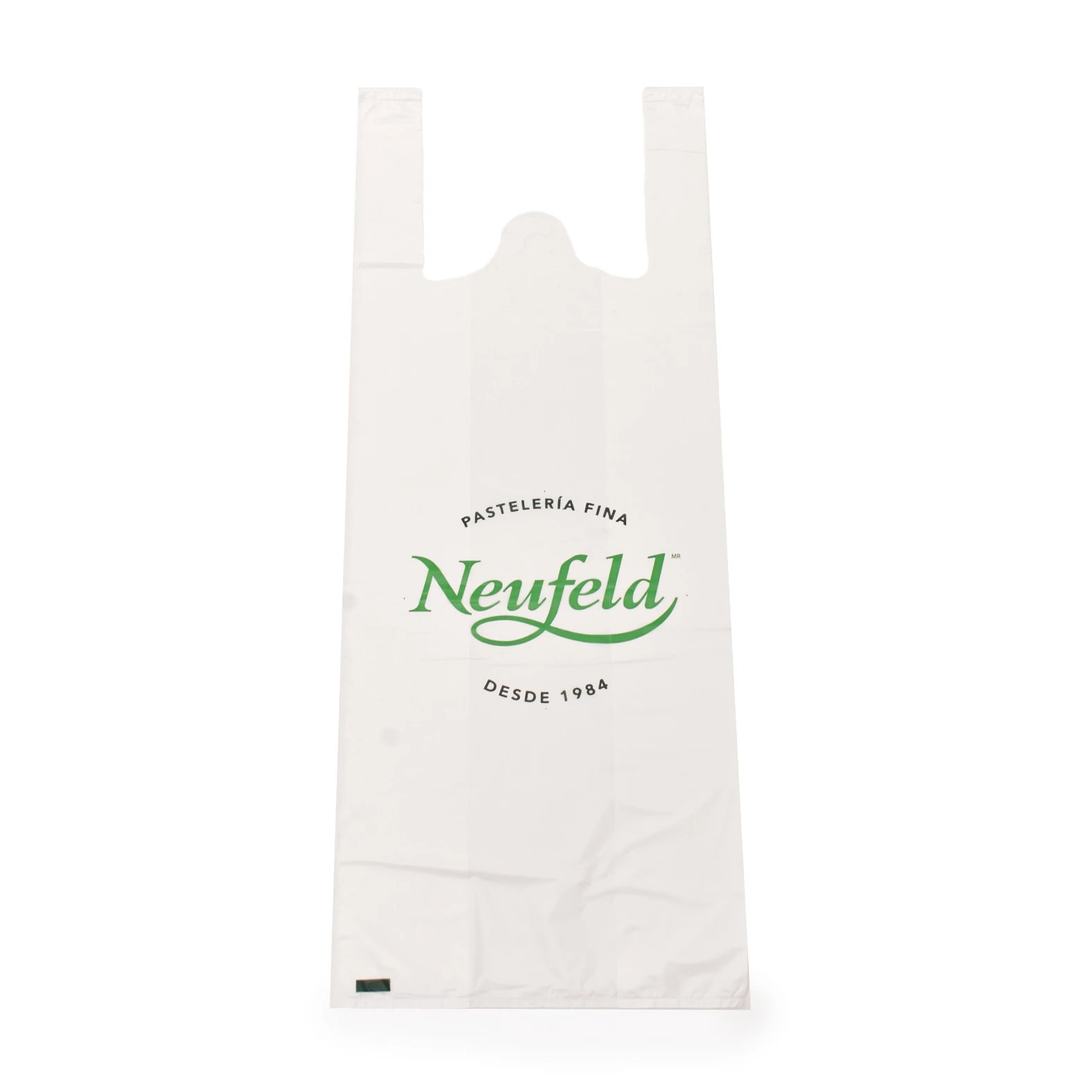 Bolsa tipo camiseta impresa y personalizada con logotipo de pastelerías: Neufeld.