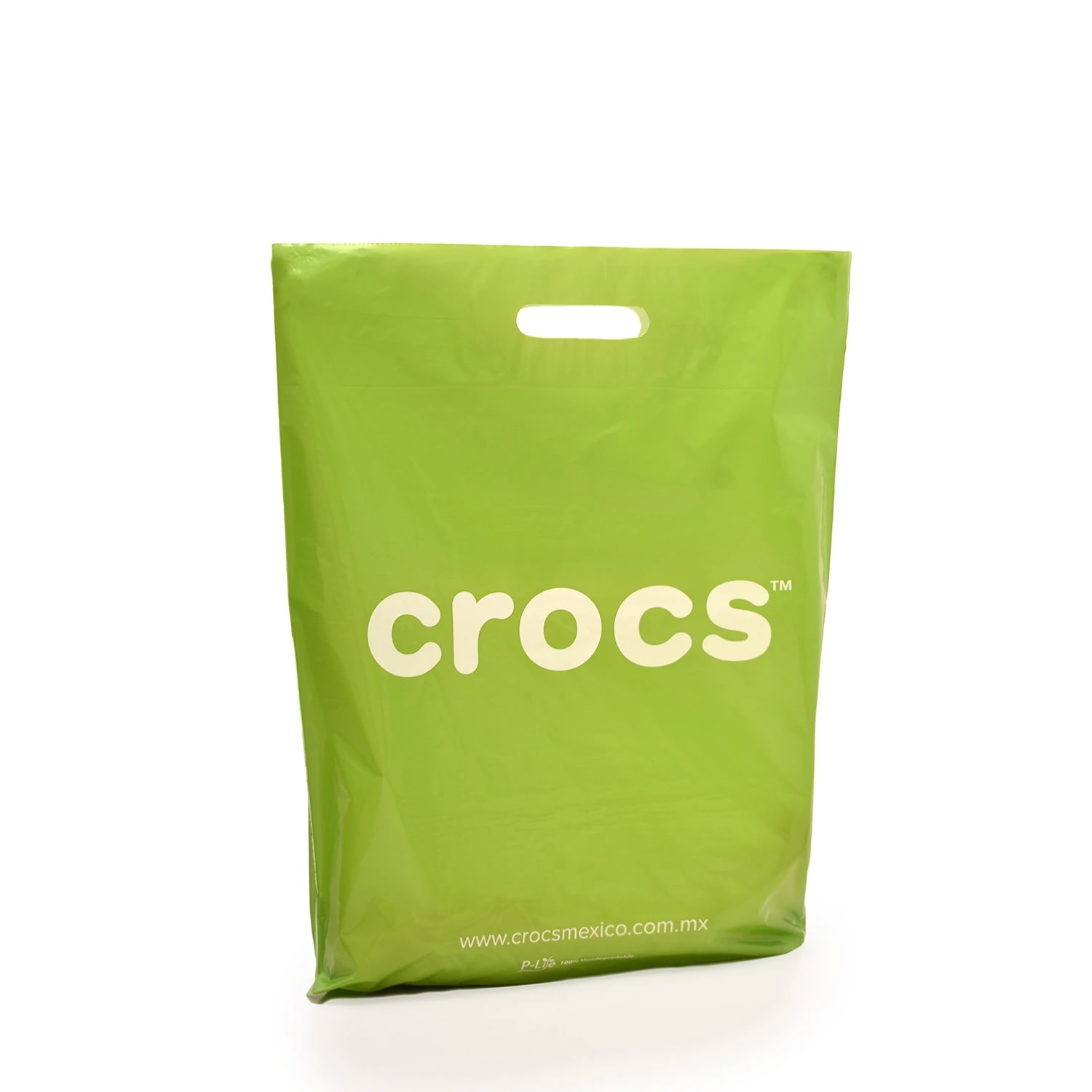 Bolsa de plástico asas troqueladas color verde con logo de: Crocs