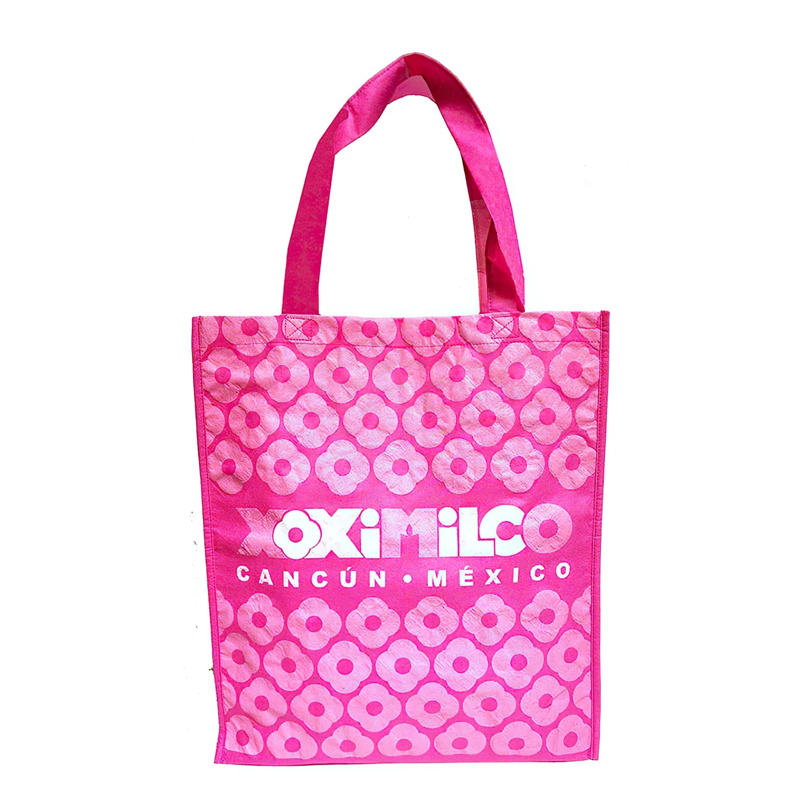 Bolsa tipo Non-Woven reutilizable de color rosa con logotipo de: Xoximilco.