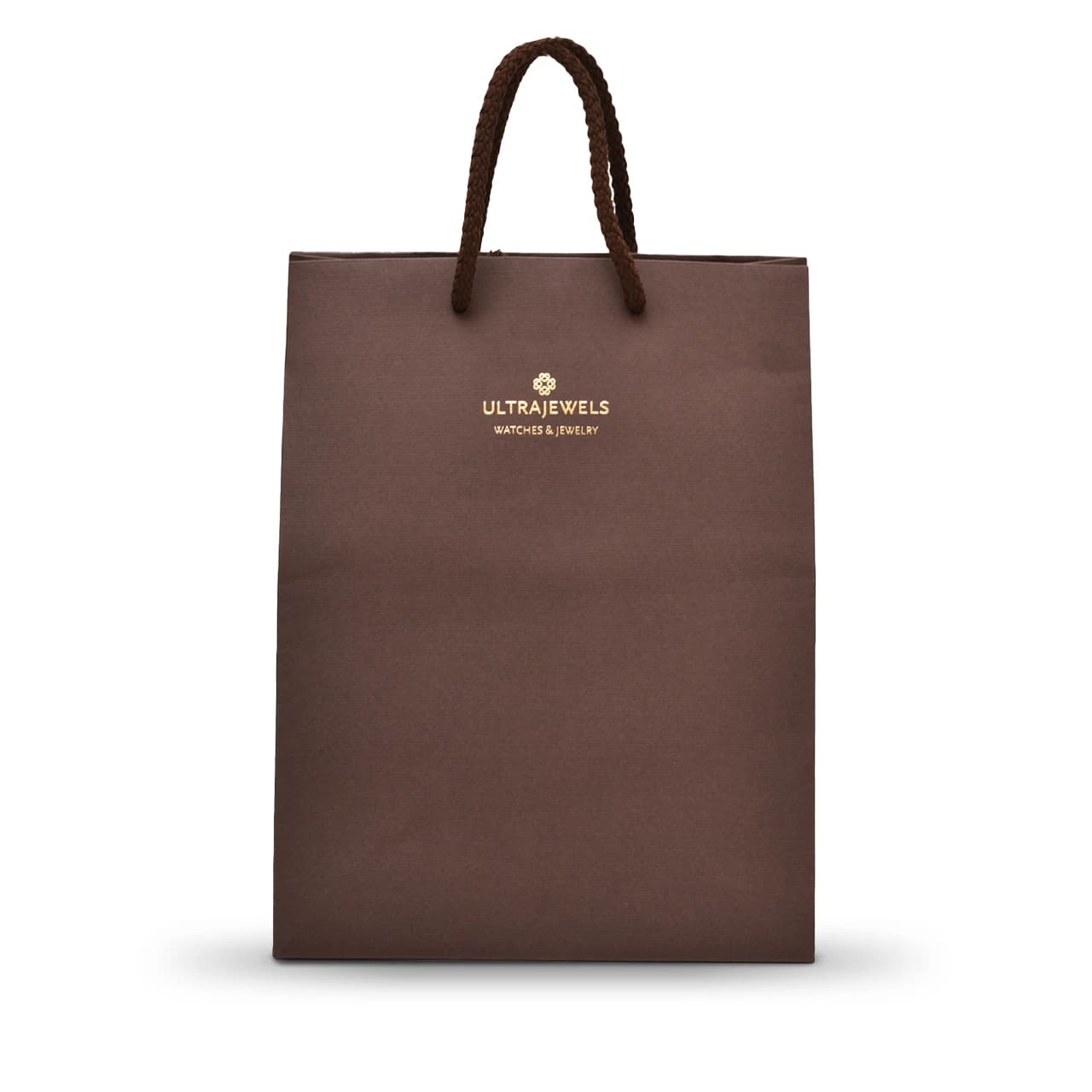 Bolsa de joyería y relojes estampada con logotipo de color dorado.