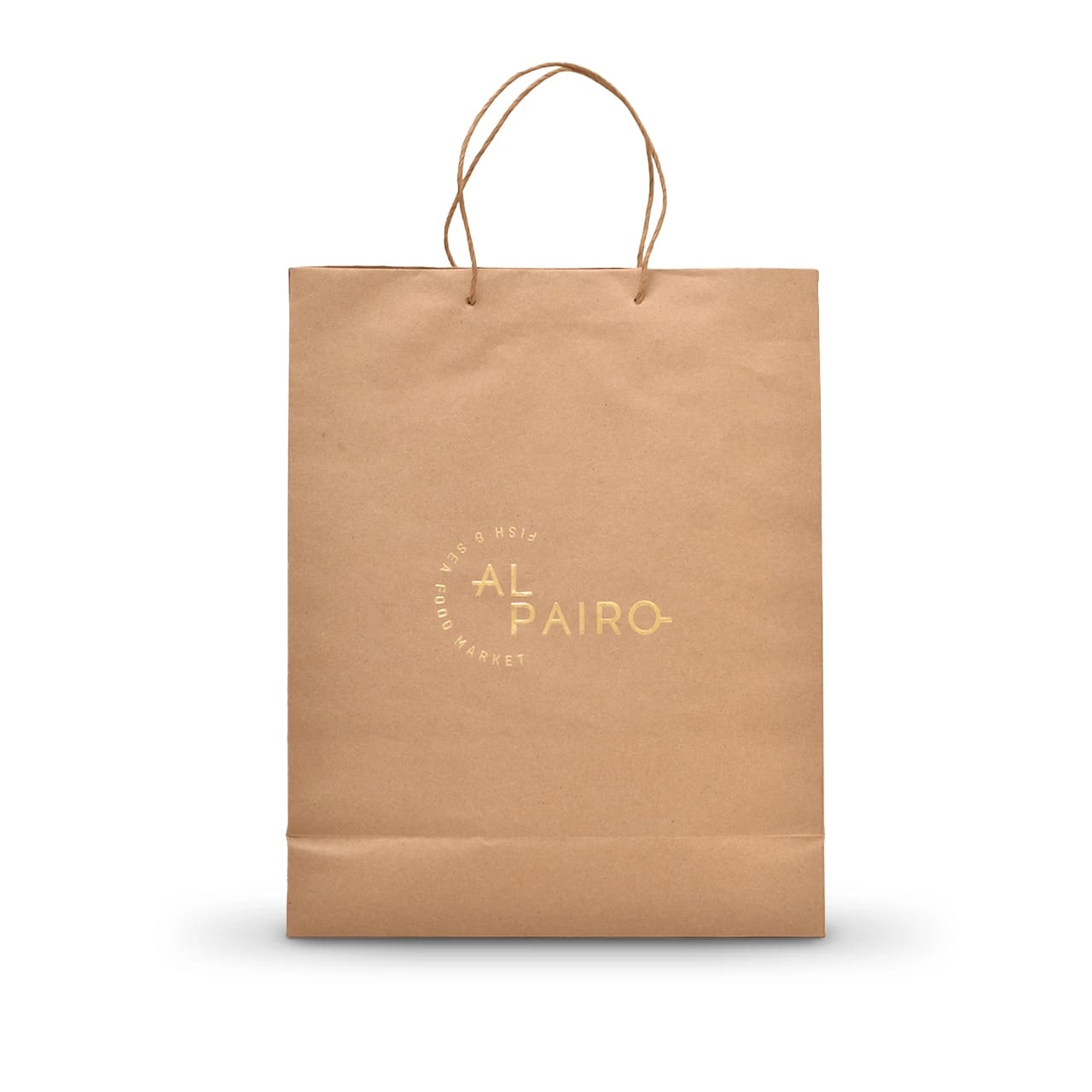 Bolsa kraft color natural para joyería con logo dorado: Joyerías Al Pairo.