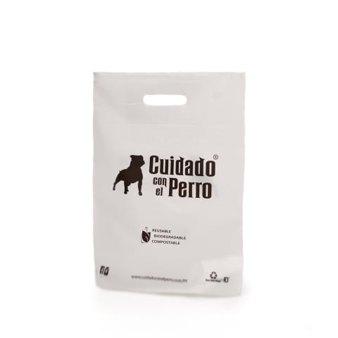 Bolsa blanca impresa a una tinta para las tiendas de ropa: Cuidado con el Perro.