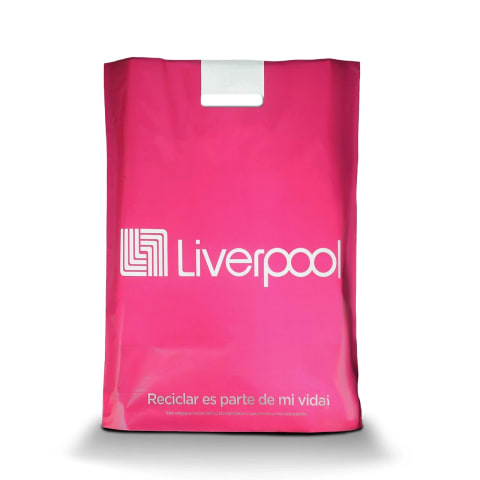 Bolsa biodegradable impresa a 1 tinta rosa para las tiendas departamentales: Liverpool.