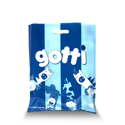 Bolsa impresa a 2 tintas en plástico con asa troquelada para tienda departamental: Gotti.