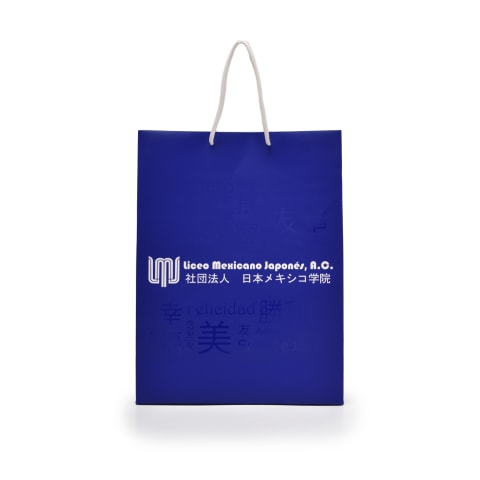 Bolsa color azul de papel tipo Bristol con logotipo de: Liceo Mexicano Japonés.