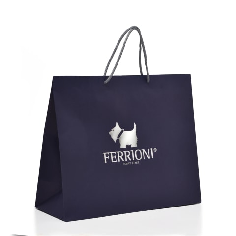 Bolsa Hot-Stamp con logotipo estampado en tinta metálica de color plata para la marca: Ferrioni.