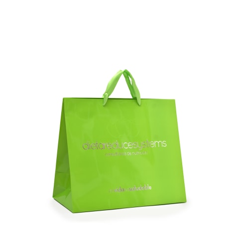 Bolsa color verde con logotipo estampado en color plata de: Dieta Reduce.
