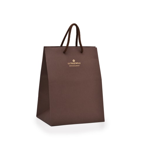 Bolsa color café con acabado Hot Stamp en color dorado fabricada para: Ultra Jewels.