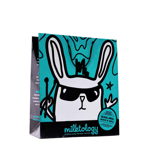 Bolsa con acabado plastificado de apariencia brillante impresa y personalizada para: Milktology.