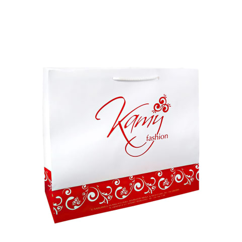 Bolsa de papel plastificada impresa con logotipo y diseño de: Kamy Fashion.