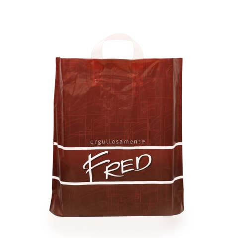 Bolsa de plástico color vino con asas flexibles fabricada para la marca: Fred
