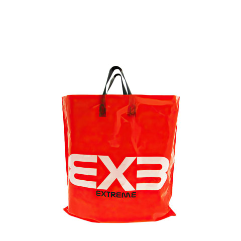 Bolsa de plástico color naranja con asas flexibles impresa para la marca: Exe
